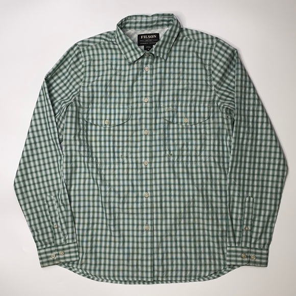 Filson Green Plaid Nylon Fishing Long Sleeve Button Up Shirt Medium - Picture 1 of 8